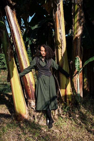 Upcycled Handwoven Seattle Wrap Calf Dress - Green