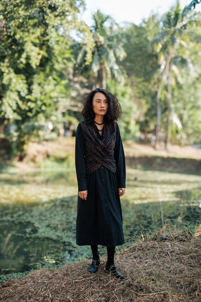 Upcycled Handwoven Seattle Wrap Calf Dress - Black Copper