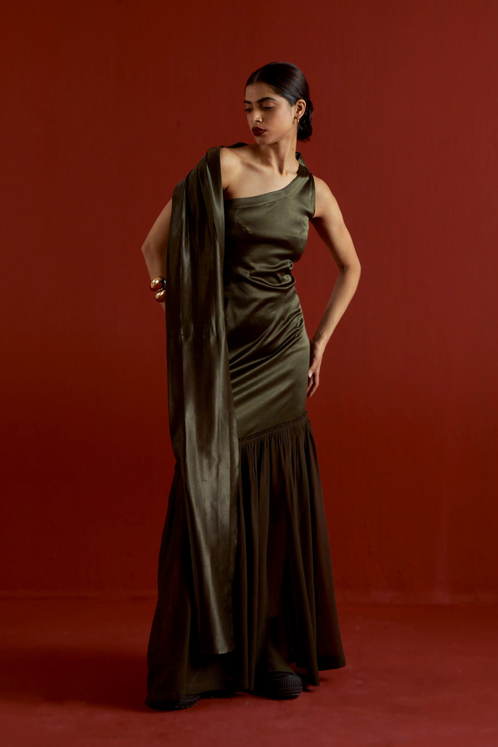 ONE SHOULDER DRESS-DARK OLIVE