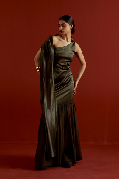 ONE SHOULDER DRESS-DARK OLIVE