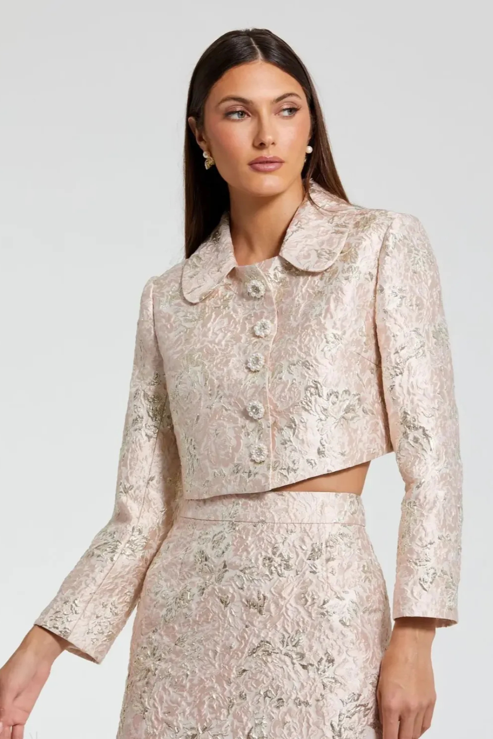 Pink Pearl Button Brocade Cropped Jacket