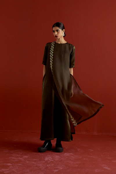 GOTA PATTI DETAIL DOUBLE LAYER DRESS-DARK OLIVE