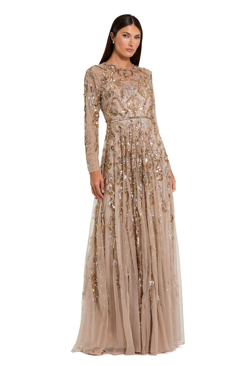 94213-Beige Long Sleeve Hand Embellished Gown