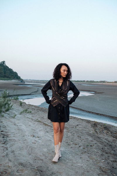Upcycled Handwoven Seattle Wrap Calf Dress - Black Green