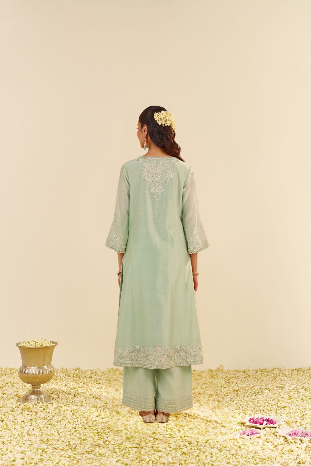 Sereen - A-Line Kurta With Palazzo And Dupatta-Mint Green