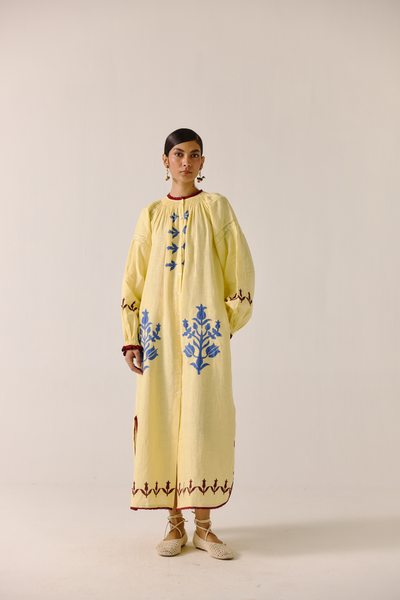 Chloe Dress - Butter Yellow Bird Applique