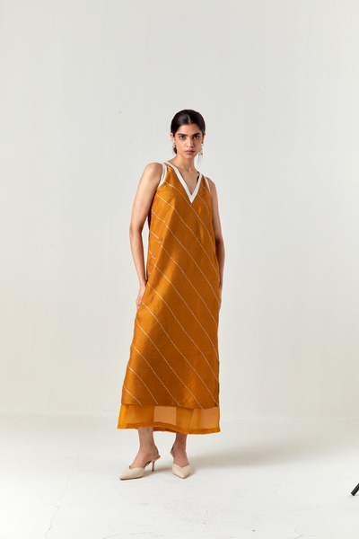 V-NECK EMBELLISHMENT DETAIL DRESS-OCHRE