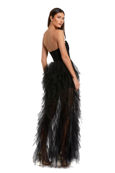 27532-Net Gown with Spiral Ruffles-Black