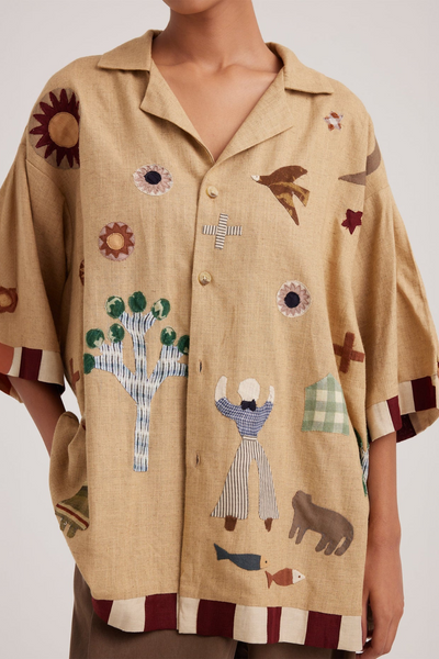 Unisex Oversized Shirt-Folk Applique-Beige