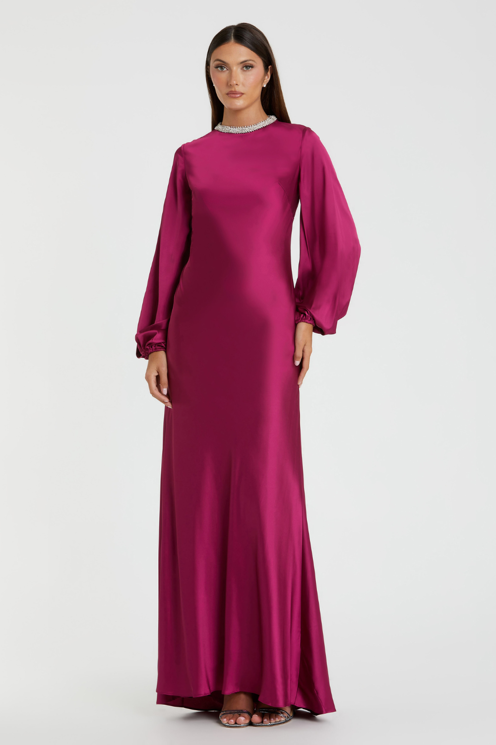 26575-Bishop Sleeve Satin Gown-Berry