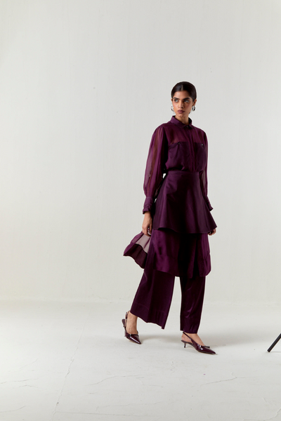 BEADED COLLAR SHEER SHIRT CO-ORD-WINE