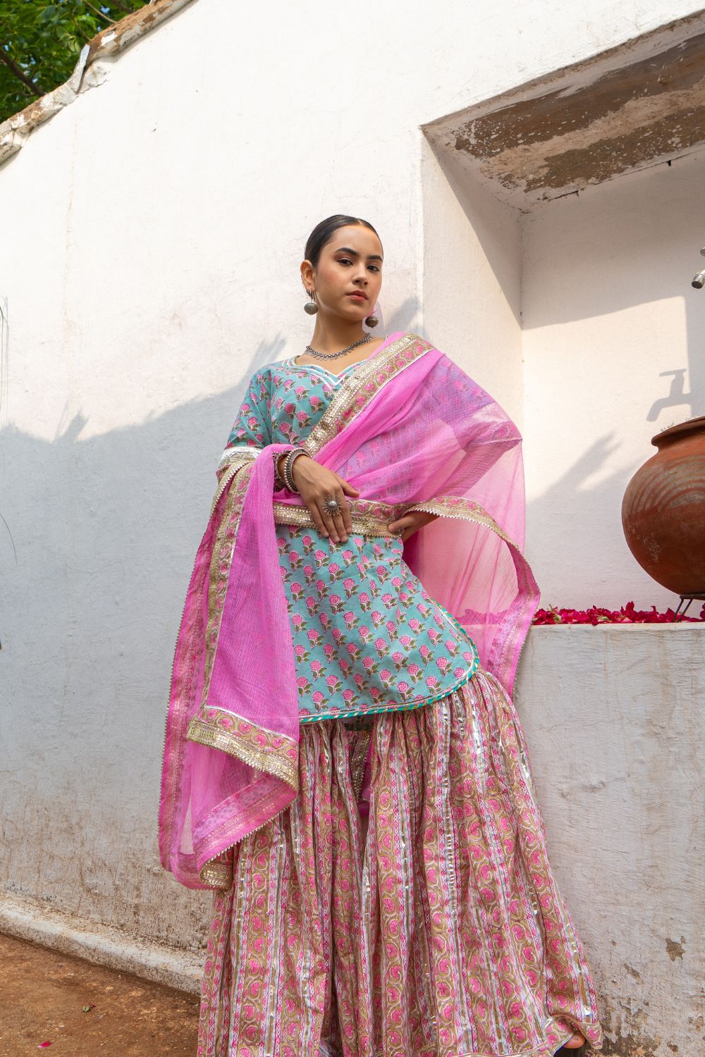 Saundh Pink and blue hand block printed gota sharara set