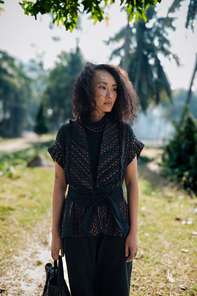 Upcycled Handwoven Berlin shawl collar top - Copper