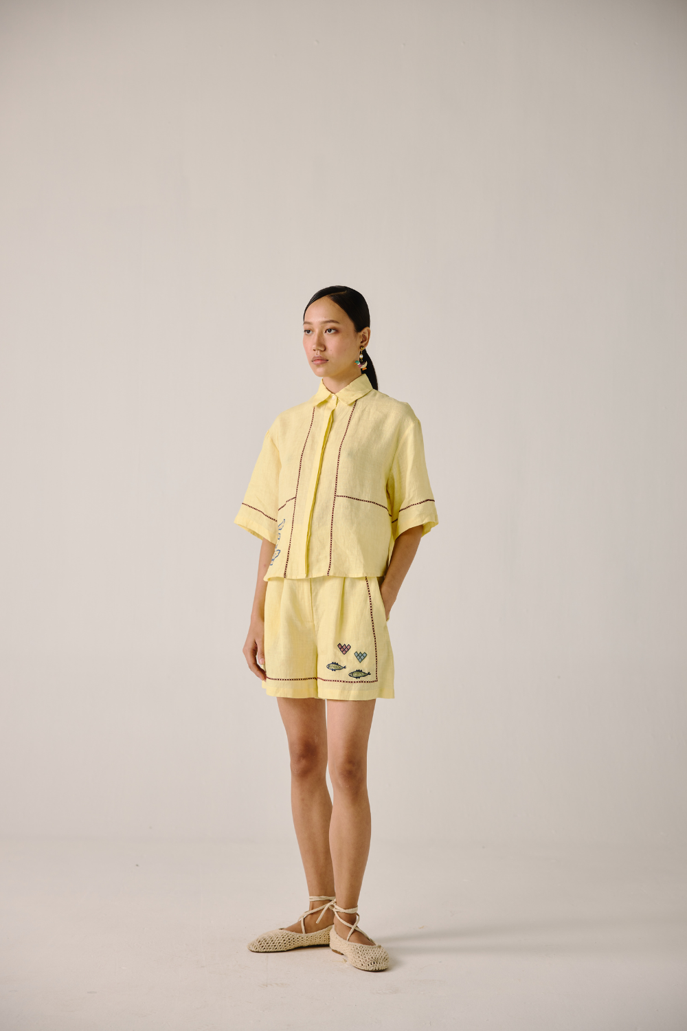 Leo Set - Butter Yellow Fish Embroidery