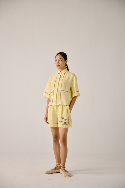 Leo Set - Butter Yellow Fish Embroidery