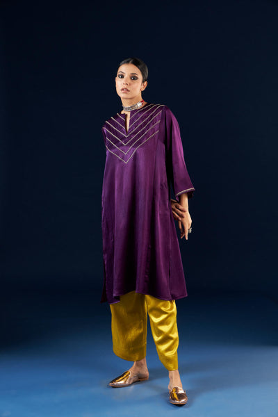Kalidaar Kurta Set - Deep Purple & Gold Yellow