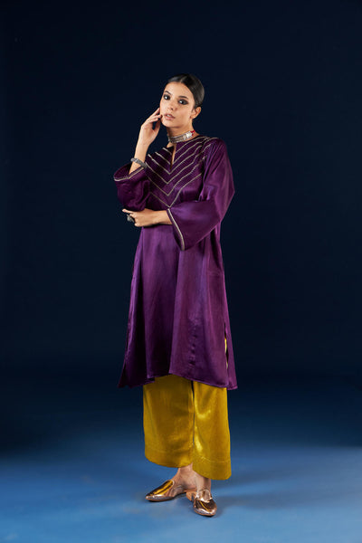 Kalidaar Kurta Set - Deep Purple & Gold Yellow