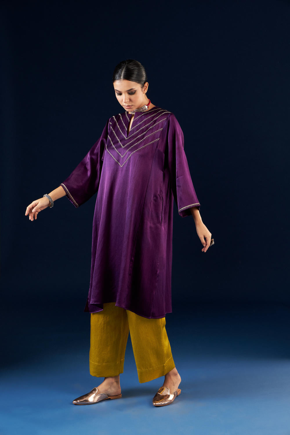 Kalidaar Kurta Set - Deep Purple & Gold Yellow
