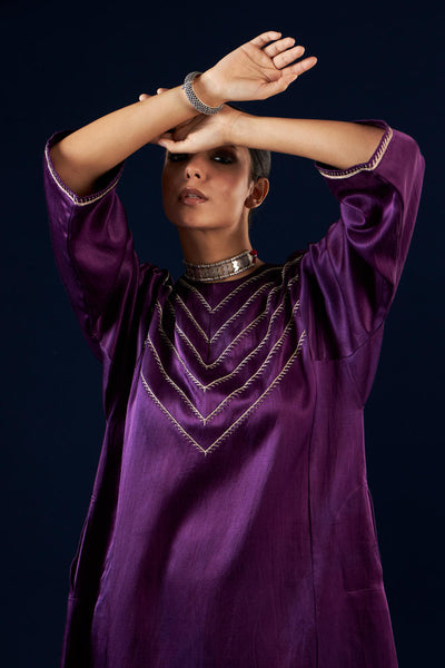 Kalidaar Kurta Set - Deep Purple & Gold Yellow