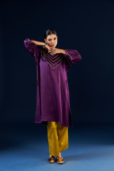 Kalidaar Kurta Set - Deep Purple & Gold Yellow