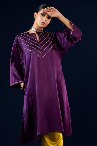Kalidaar Kurta Set - Deep Purple & Gold Yellow