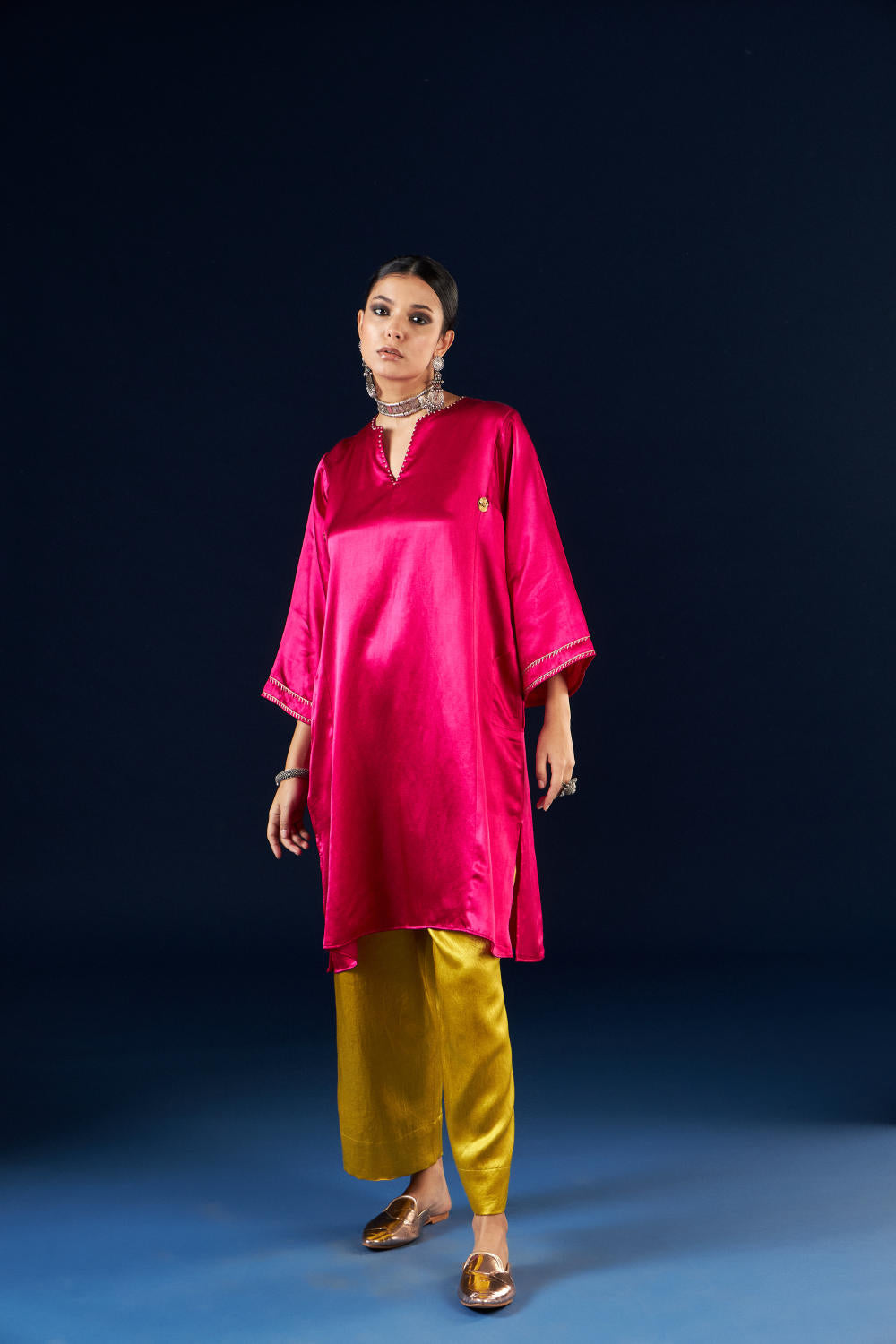 Kalidaar Kurta Set - Magenta Pink & Gold Yellow