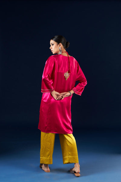 Kalidaar Kurta Set - Magenta Pink & Gold Yellow