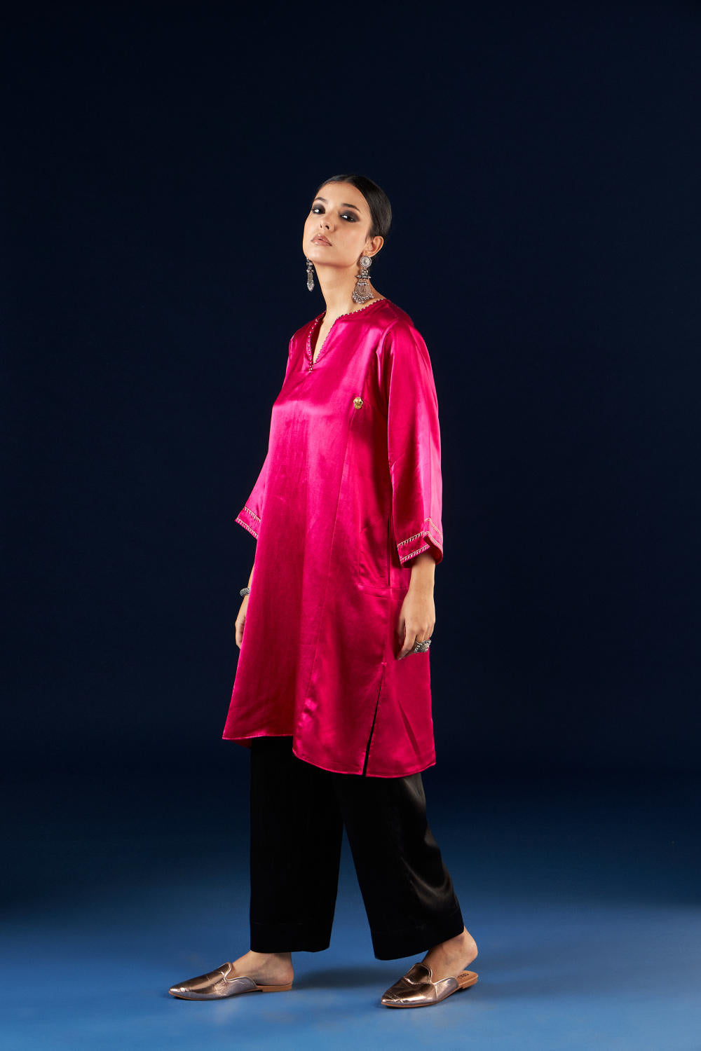 Kalidaar Kurta Set - Magenta Pink & Coal Black