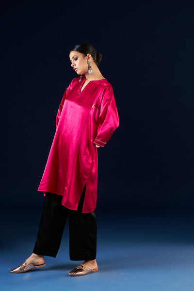 Kalidaar Kurta Set - Magenta Pink & Coal Black