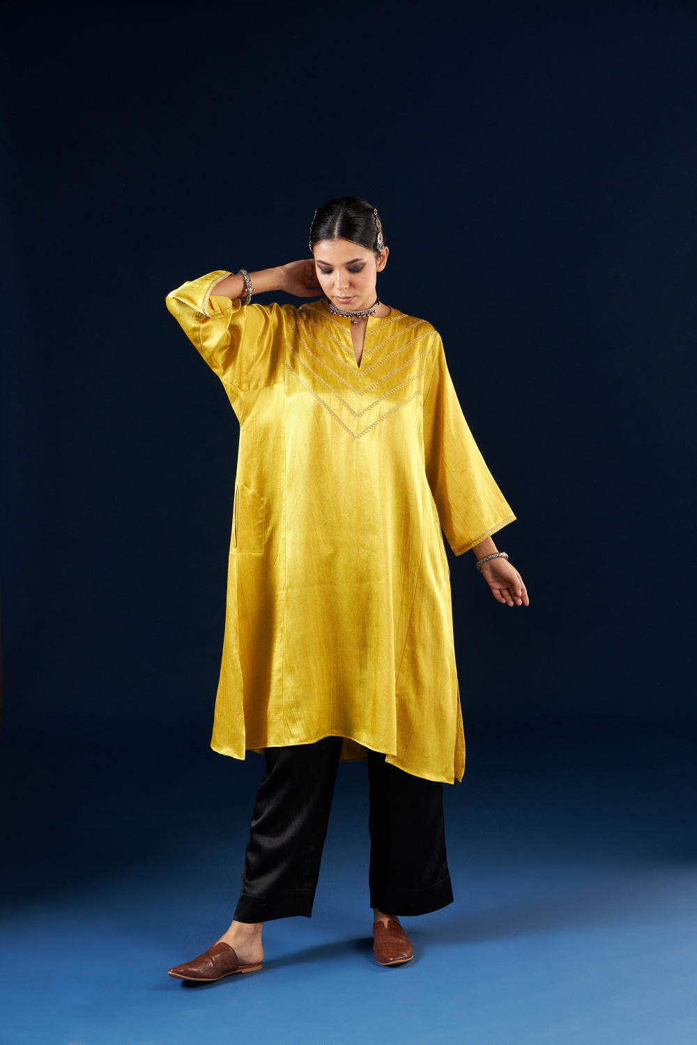 Kalidaar Kurta Set - Gold yellow & Coal Black