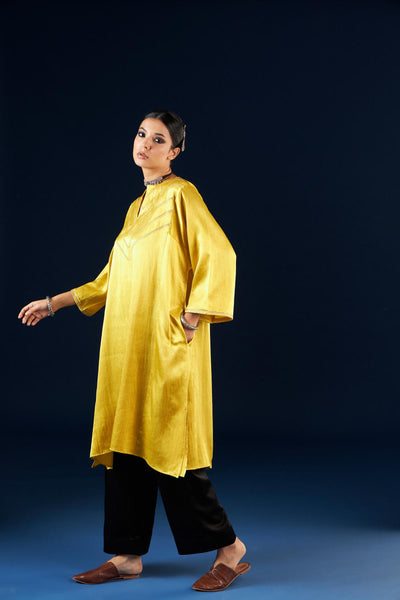 Kalidaar Kurta Set - Gold yellow & Coal Black