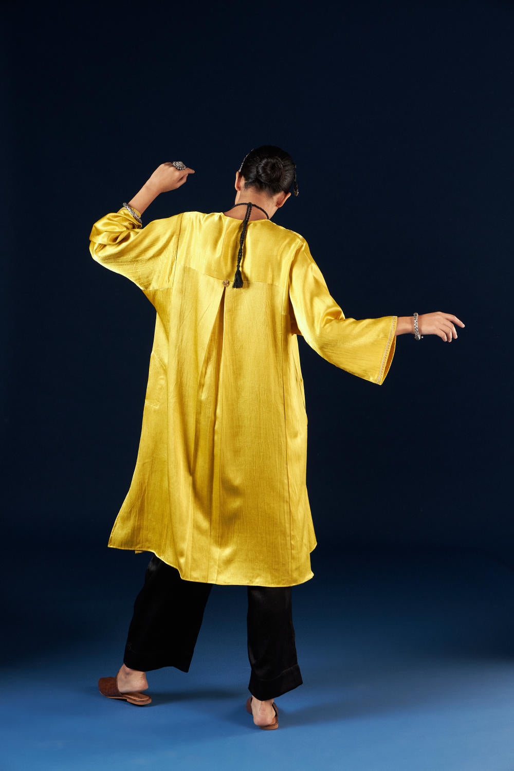 Kalidaar Kurta Set - Gold yellow & Coal Black