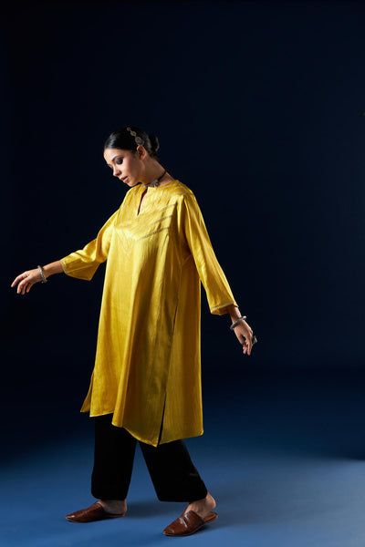 Kalidaar Kurta Set - Gold yellow & Coal Black