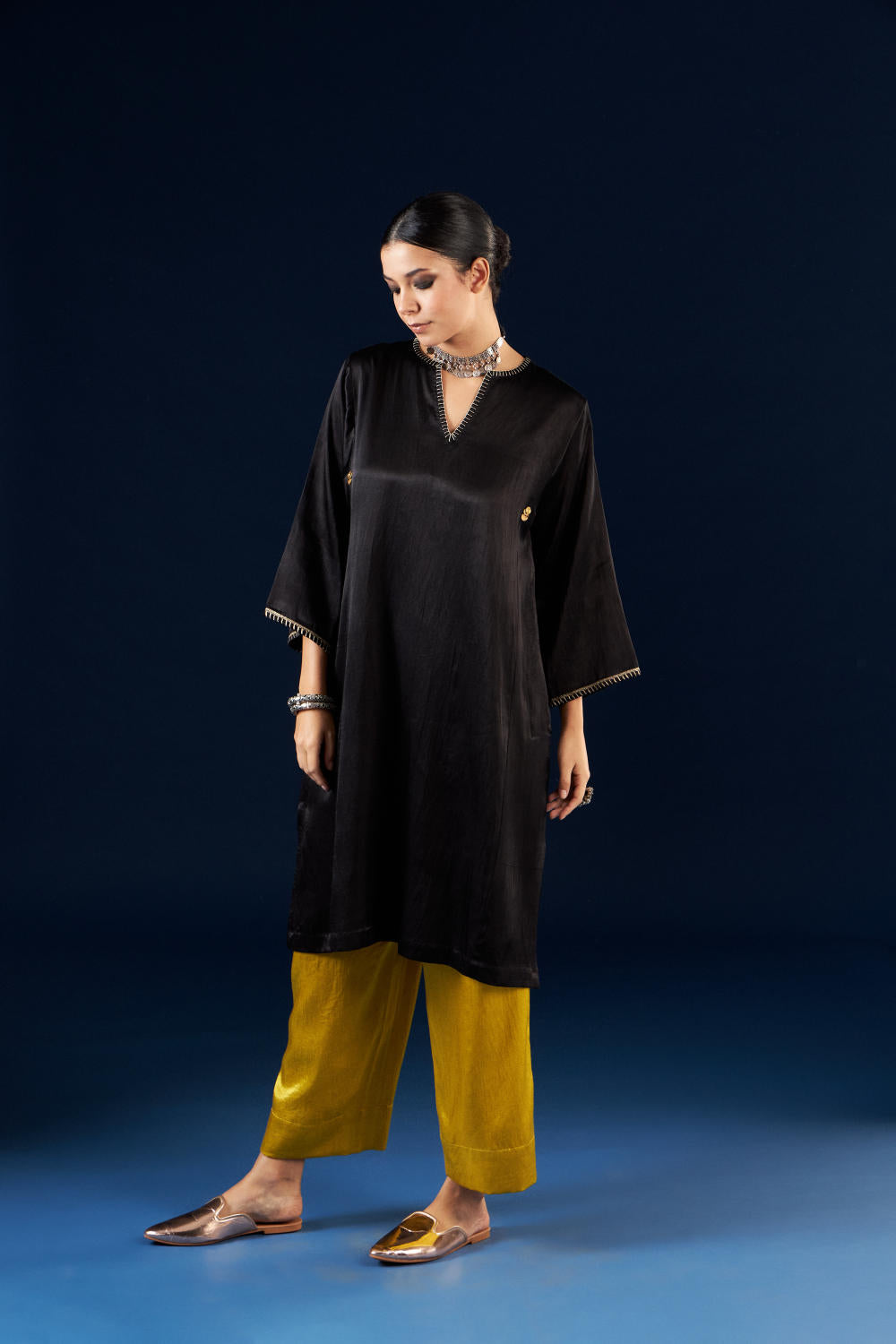 Kalidaar Kurta Set - Coal Black & Gold Yellow
