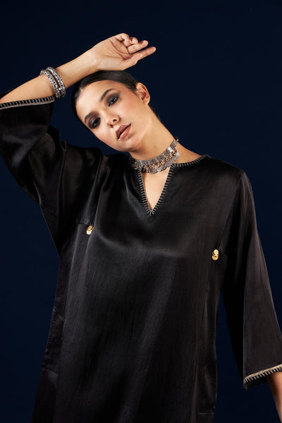 Kalidaar Kurta Set - Coal Black & Gold Yellow