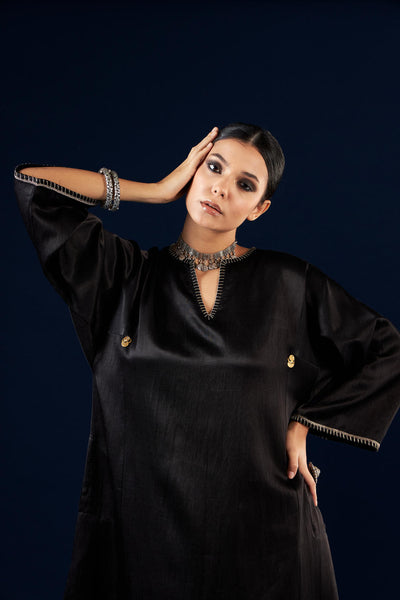 Kalidaar Kurta Set - Coal Black & Gold Yellow