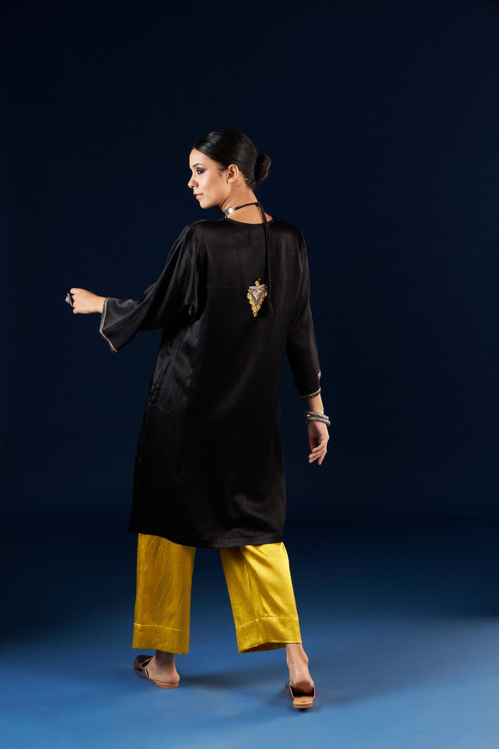 Kalidaar Kurta Set - Coal Black & Gold Yellow
