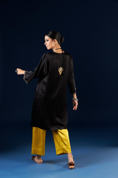 Kalidaar Kurta Set - Coal Black & Gold Yellow