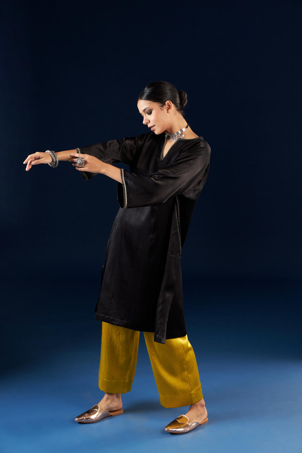 Kalidaar Kurta Set - Coal Black & Gold Yellow