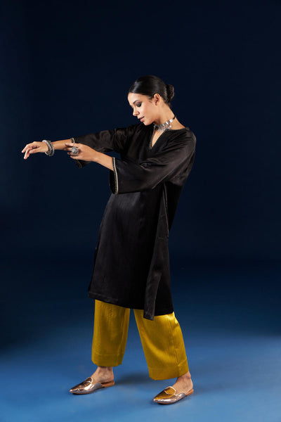 Kalidaar Kurta Set - Coal Black & Gold Yellow