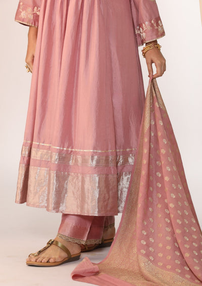Silk pintucked kurta with handwork embroidery