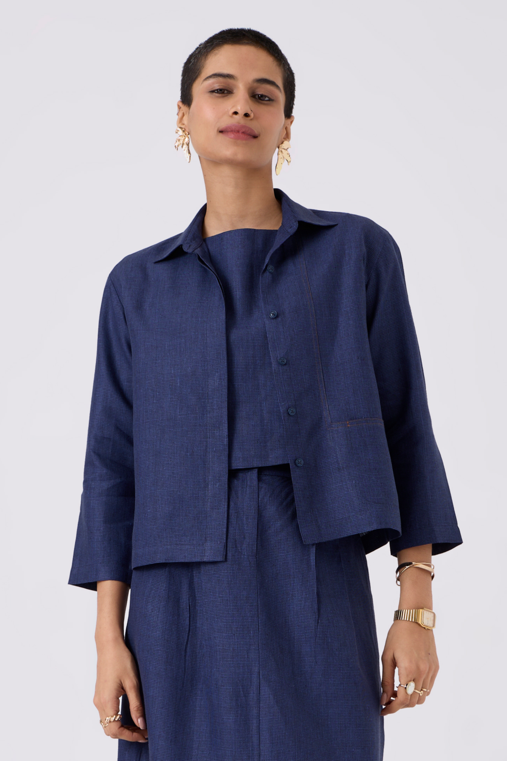Ava Indigo Houndstooth Linen Shacket