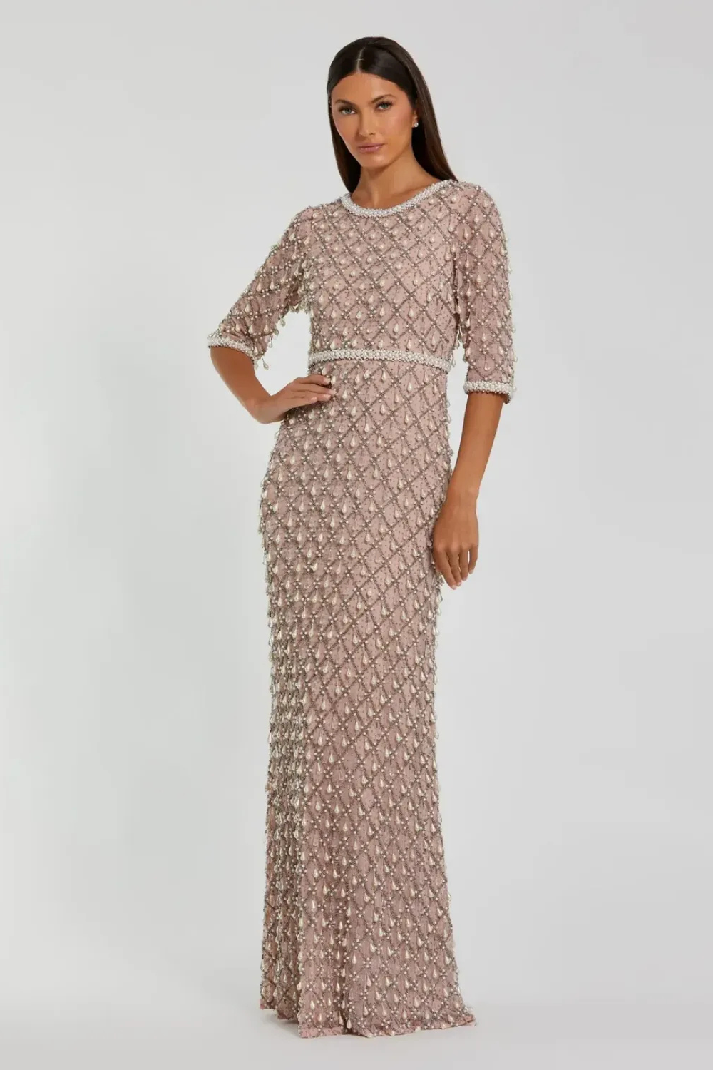 Pink Pearl Embellished 3/4 Sleeve Gown