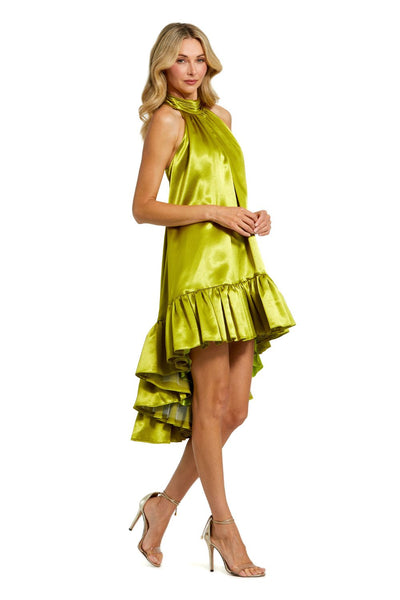 20711-Green High Neck Satin Mini Dress With Keyhole