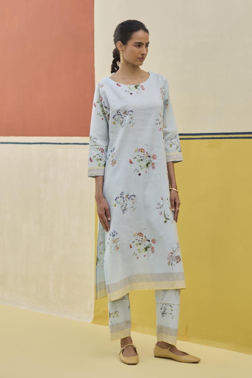 Kera Floral Embroidered Kurta Set
 - Sky