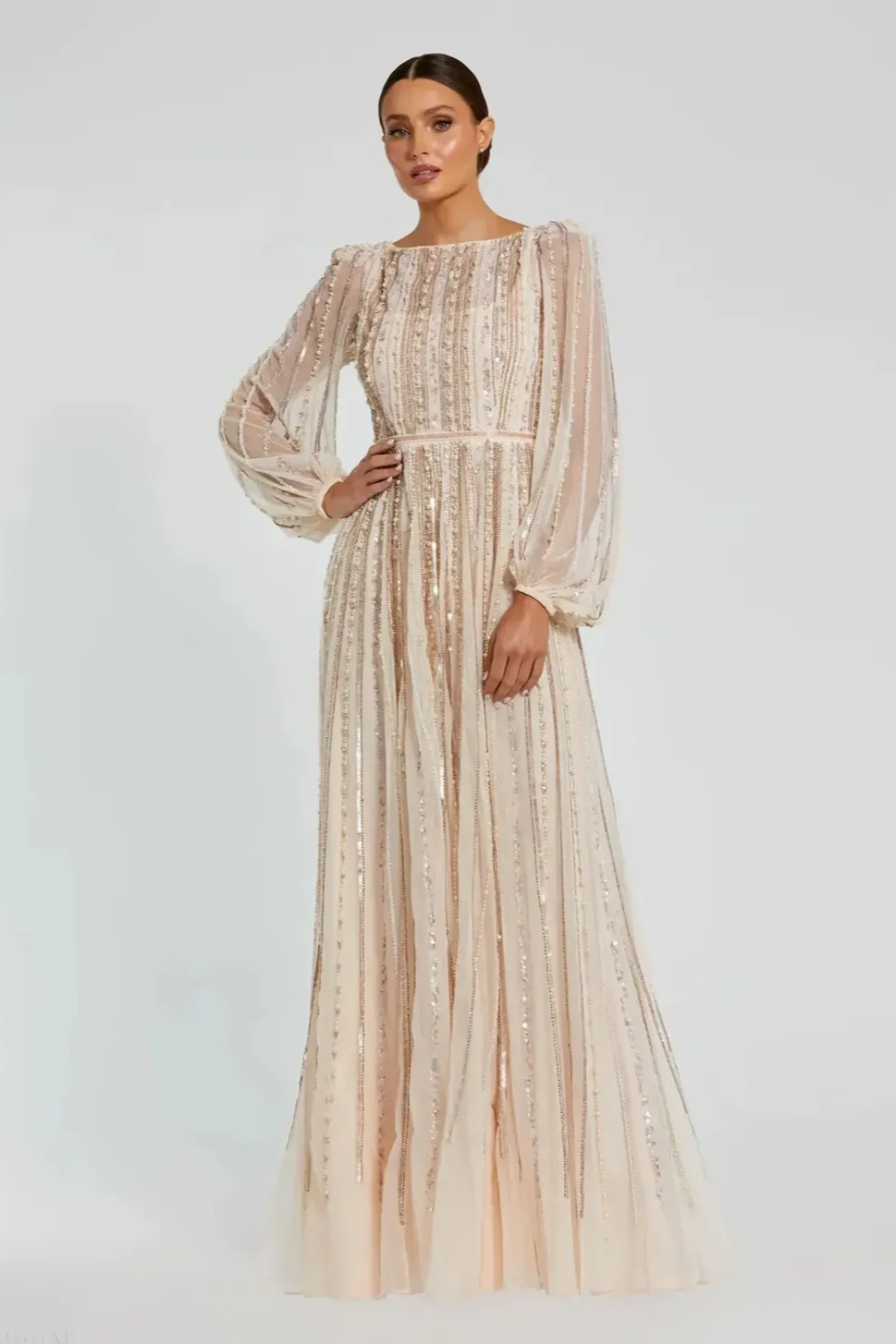 Pink Boat Neck Long Sleeve Gown With Striped Beading