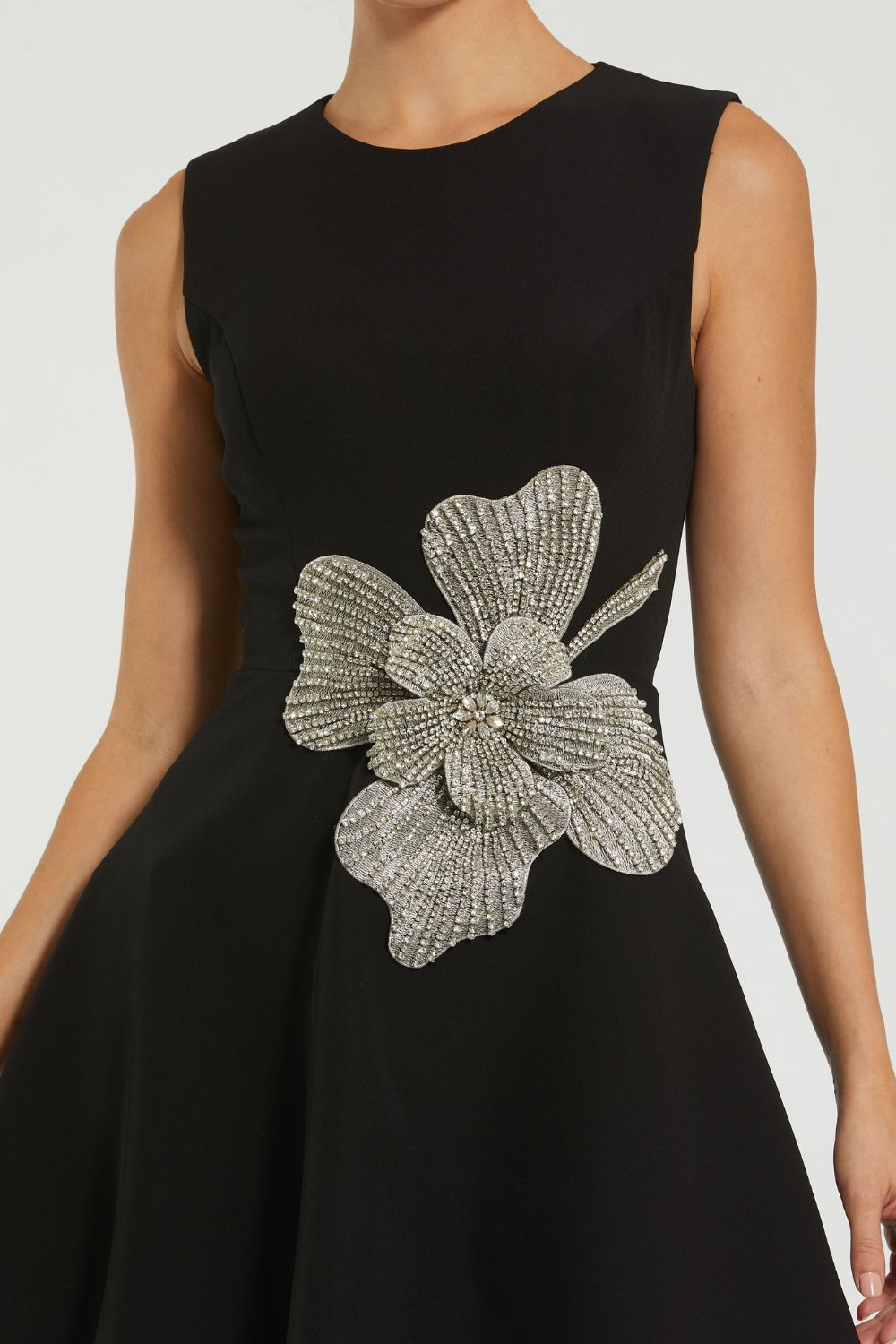 11829-Crepe Sleeveless Mini Dress With Rhinestone Flower