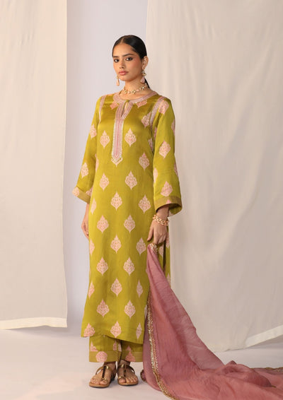 Block printed satin kurta set with organza dupatta