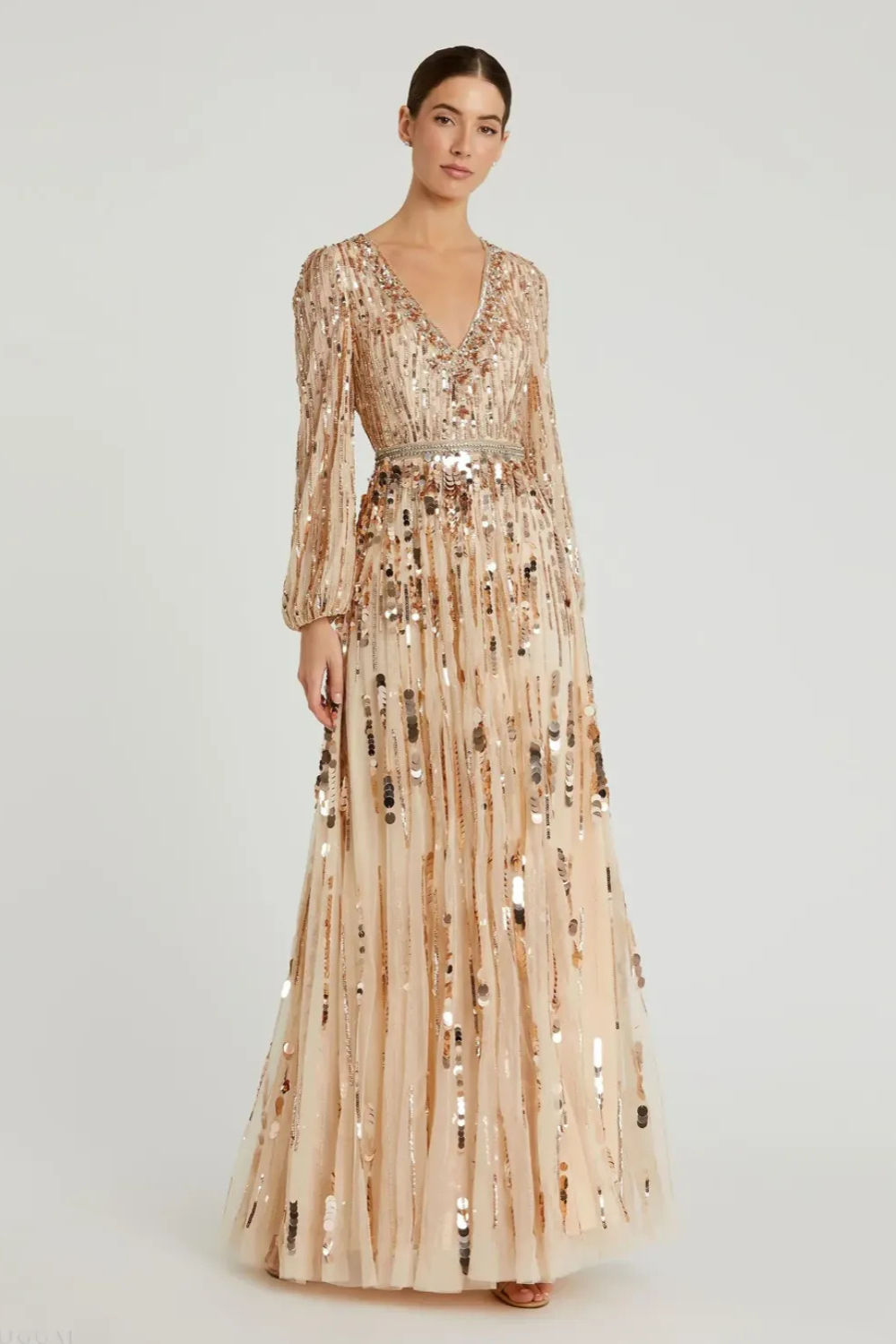 Beige Embellished Mesh Long Sleeve V Neck Gown