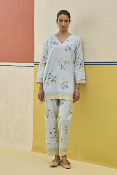 Raha Watercolour Floral Kurta - Sky